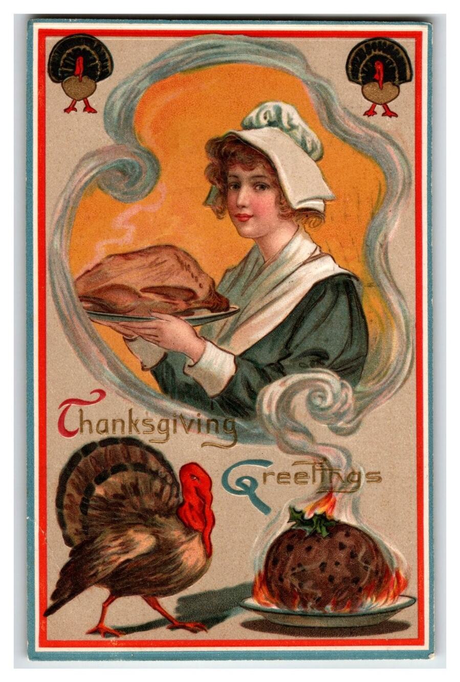 1909 Thanksgiving Pilgrim Woman Turkey Pudding RPO Postcard